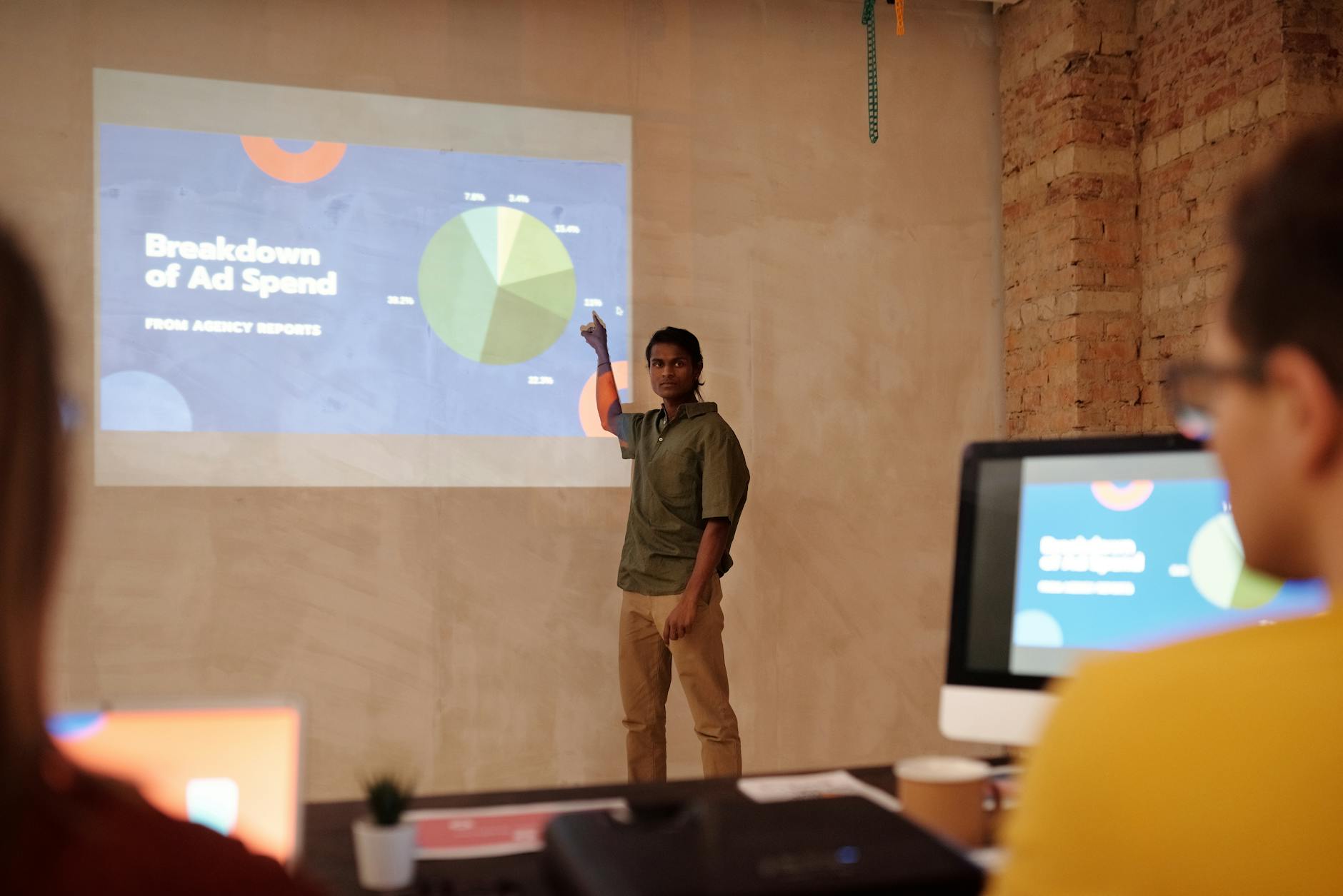 Business presentation on ad spend with charts and graphs in a modern office setting